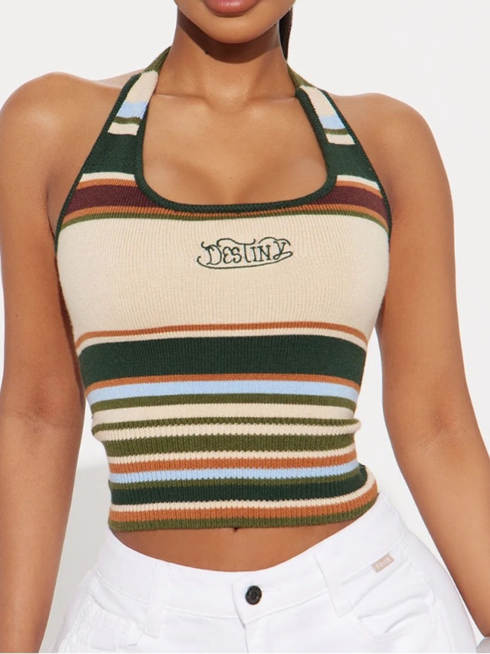 Fashion Nova Striped Halter Crop Tank in Olive, Cream & Blue